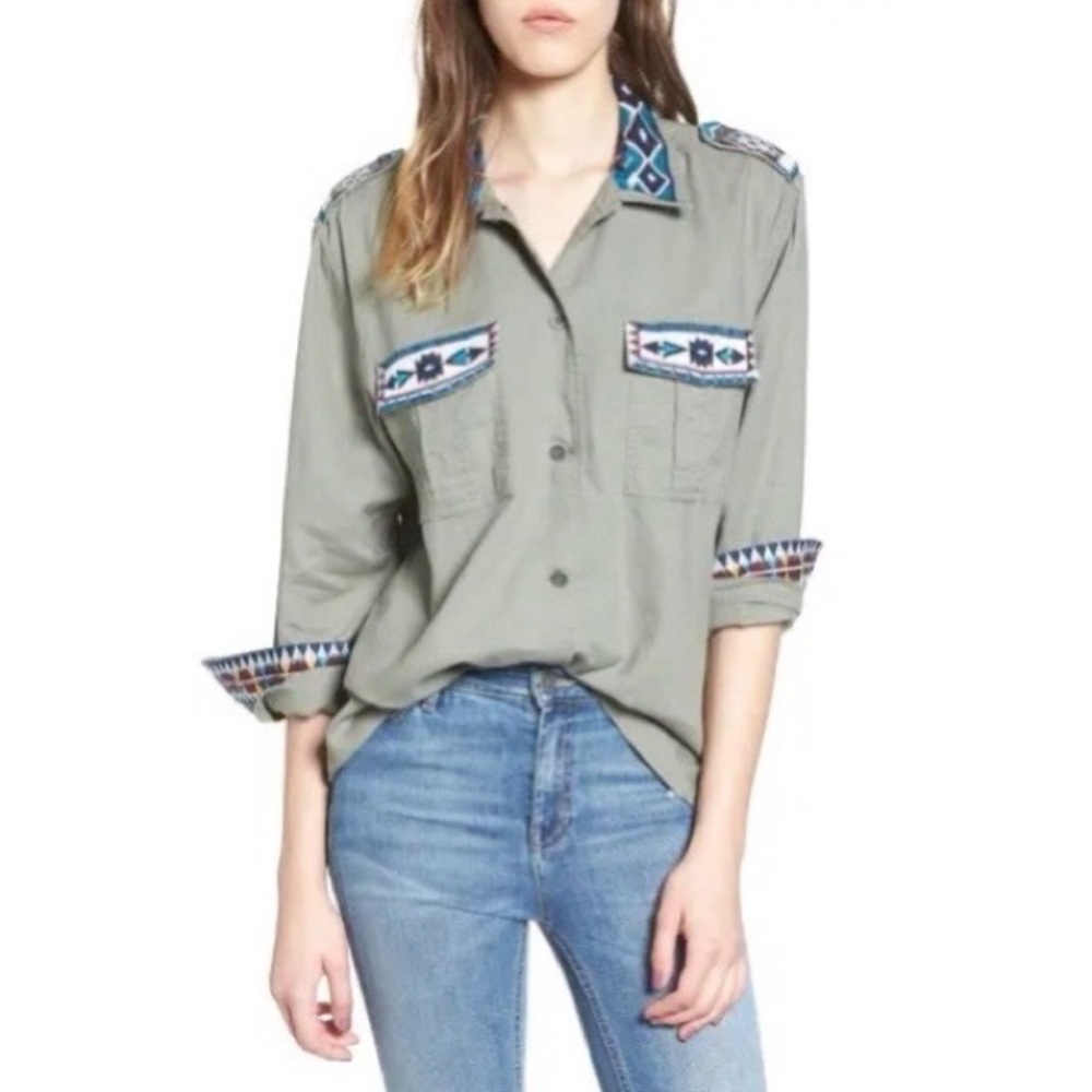Rails Kona Linen Blend Sage Inca Embroidery Shirt size Small